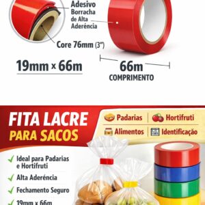Fita Lacre para Sacos 19mm x 66m Bag Sealing Tape Vermelha – Alta Aderência